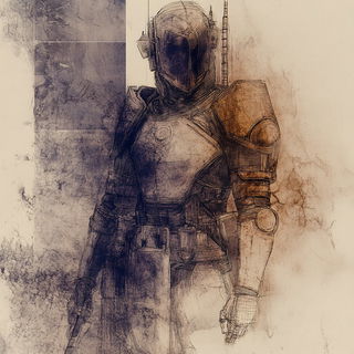 Migrant Chromaballet style, Midjourney V6.1: concept art character design of retropunk steam knight