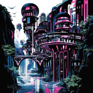 Inkakari style, Midjourney V6.1: megacity with futuristic bioarchitecture