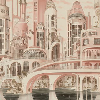 Selenite Spiralism style, Midjourney V6.1: megacity with futuristic bioarchitecture