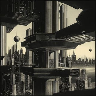 Inkomenagerie style, Midjourney V6.1: megacity with futuristic bioarchitecture