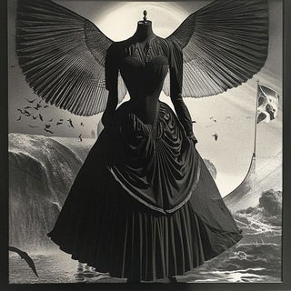Inkomenagerie style, Midjourney V6.1: haute-couture fashion outfit