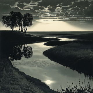 Inkomenagerie style, Midjourney V6.1: realistic landscape photograph of quiet dawn