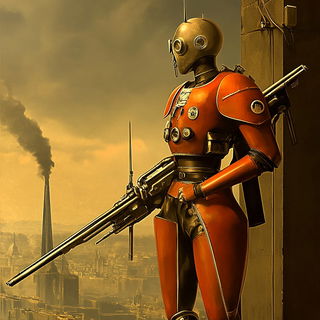 Serigraphoma style, Midjourney V6.1: concept art character design of retropunk steam knight