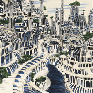 Bluecut Facework style, Midjourney V6.1: megacity with futuristic bioarchitecture