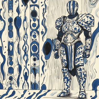 Bluecut Facework style, Midjourney V6.1: concept art character design of retropunk steam knight