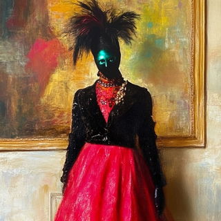 Vaporchrome Frontier style, Midjourney V6.1: haute-couture fashion outfit
