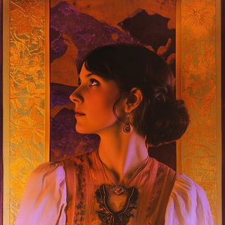 Chromatic Warpweave style, Midjourney V6.1: photographic portrait of female protagonist