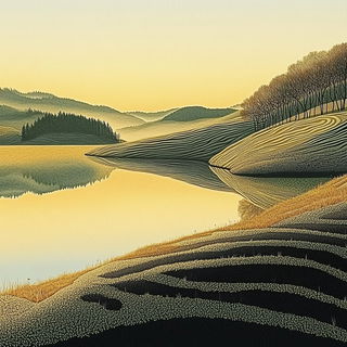 Marzipan Meadow Cartoons style, Midjourney V6.1: realistic landscape photograph of quiet dawn