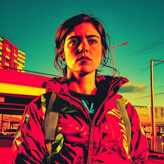 Neonforge Waters style, Midjourney V6.1: photographic portrait of female protagonist