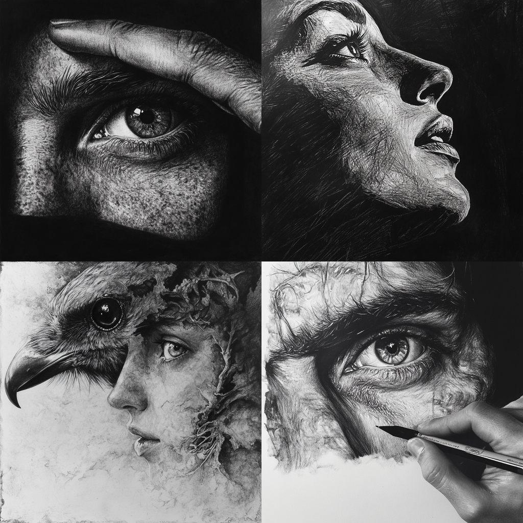 Charcoal drawing style, Midjourney V6.1, render 1 of 4