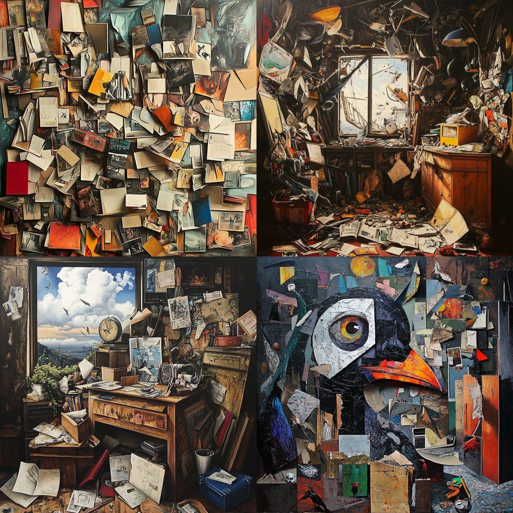 Cluttered composition style, Midjourney V6.1, render 1 of 4