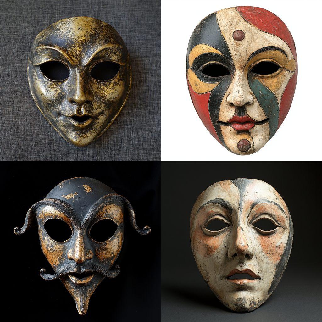 Commedia dell'Arte mask style, Midjourney V6.1, render 1 of 4