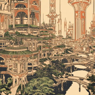 Mushroom Crown Vignettes style, Midjourney V6.1: megacity with futuristic bioarchitecture
