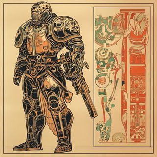 Mushroom Crown Vignettes style, Midjourney V6.1: concept art character design of retropunk steam knight