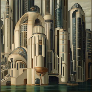 Mosaic Silhouette Deco style, Midjourney V6.1: megacity with futuristic bioarchitecture