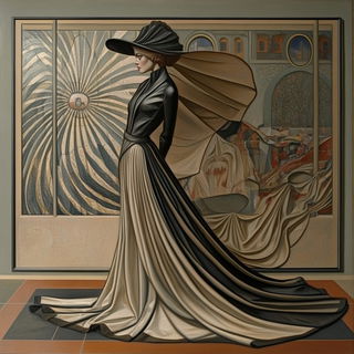 Mosaic Silhouette Deco style, Midjourney V6.1: haute-couture fashion outfit