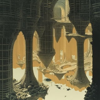 Sirocco Frameworks style, Midjourney V6.1: megacity with futuristic bioarchitecture