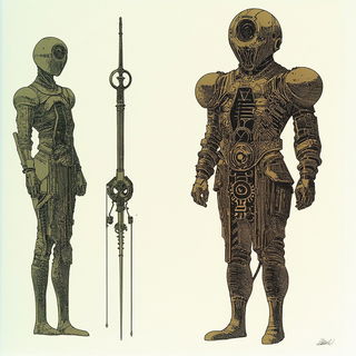 Sirocco Frameworks style, Midjourney V6.1: concept art character design of retropunk steam knight