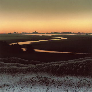 Sirocco Frameworks style, Midjourney V6.1: realistic landscape photograph of quiet dawn
