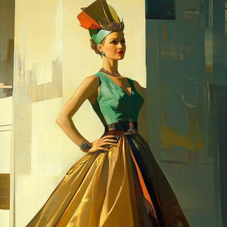 Opaline Midway style, Midjourney V6.1: haute-couture fashion outfit