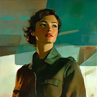 Opaline Midway style, Midjourney V6.1: photographic portrait of female protagonist