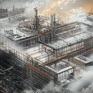 Veyran Isobar Guild style, Midjourney V6.1: technical infrastructure blueprint schematics