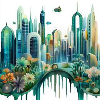 Bazaarflow style, Midjourney V6.1: megacity with futuristic bioarchitecture