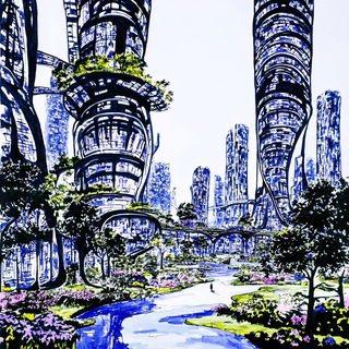Kelmere Brushworks style, Midjourney V6.1: megacity with futuristic bioarchitecture