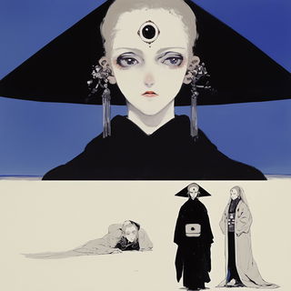 Lanternblack Folktale style, Midjourney V6.1: black-and-white manga comic strip