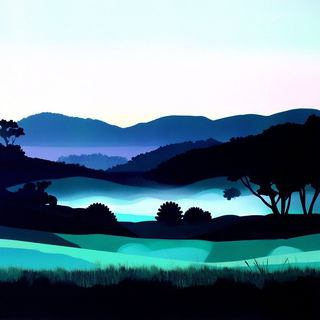 Vaporlead style, Midjourney V6.1: realistic landscape photograph of quiet dawn