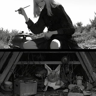 Pilgrim Nebula style, Midjourney V6.1: black-and-white manga comic strip