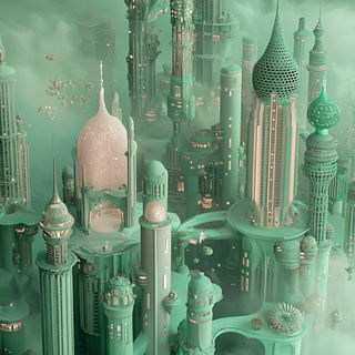 Washink style, Midjourney V6.1: megacity with futuristic bioarchitecture