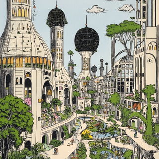 Draperigration style, Midjourney V6.1: megacity with futuristic bioarchitecture