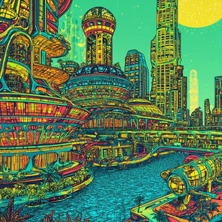 Television After Sundown style, Midjourney V6.1: megacity with futuristic bioarchitecture