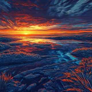 Vatburst Botanics style, Midjourney V6.1: realistic landscape photograph of quiet dawn