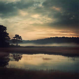 Aureate Marblery style, Midjourney V6.1: realistic landscape photograph of quiet dawn
