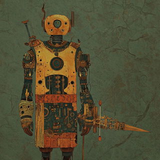 Pedimentype style, Midjourney V6.1: concept art character design of retropunk steam knight