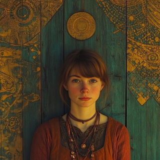 Pedimentype style, Midjourney V6.1: photographic portrait of female protagonist