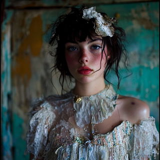 Topographic Carnival style, Midjourney V6.1: photographic portrait of female protagonist