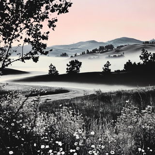 Afterglow Monoliths style, Midjourney V6.1: realistic landscape photograph of quiet dawn