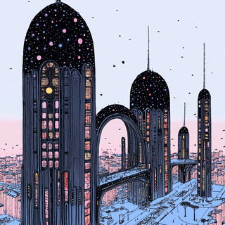 Jewelink Vignettism style, Midjourney V6.1: megacity with futuristic bioarchitecture