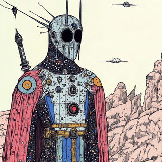 Jewelink Vignettism style, Midjourney V6.1: concept art character design of retropunk steam knight