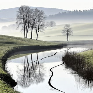 Inkbeam Tapestry style, Midjourney V6.1: realistic landscape photograph of quiet dawn