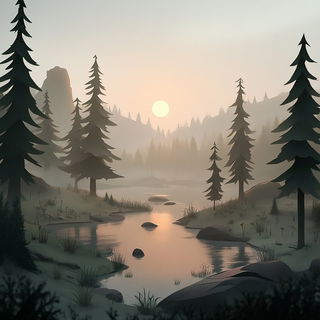 Ragpaper Anatomics style, Midjourney V6.1: realistic landscape photograph of quiet dawn