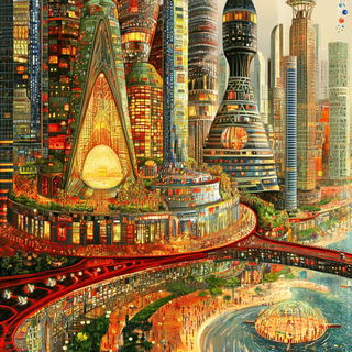 Vitrail Serpentarium style, Midjourney V6.1: megacity with futuristic bioarchitecture