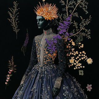 Mythocascade style, Midjourney V6.1: haute-couture fashion outfit