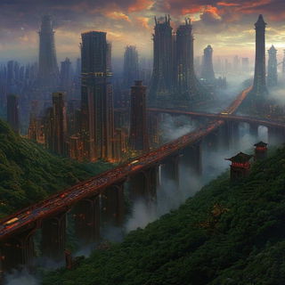 Orchid Viaduct Line style, Midjourney V6.1: megacity with futuristic bioarchitecture