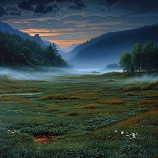 Orchid Viaduct Line style, Midjourney V6.1: realistic landscape photograph of quiet dawn