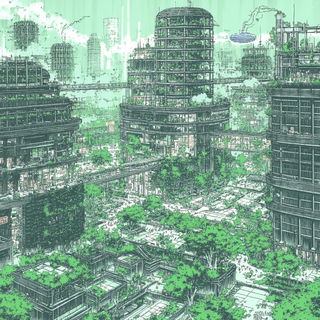 Chromatocopy style, Midjourney V6.1: megacity with futuristic bioarchitecture