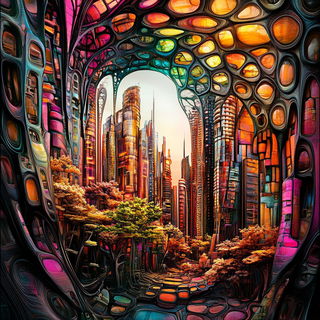 Pilgrimscale style, Midjourney V6.1: megacity with futuristic bioarchitecture